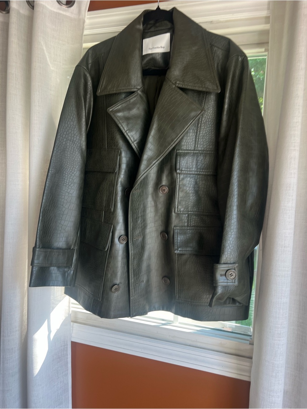 The Frankie Shop Black Croc-Embossed Double Breasted Leather Coat
